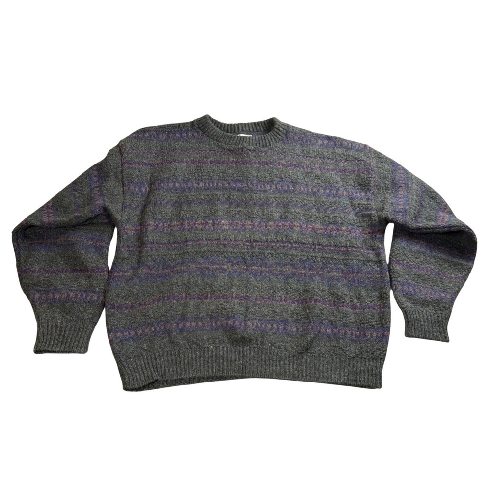 Eddie Bauer Wool Blend Fair Isle Crewneck Sweater Mens XL Grey Vintage USA Made